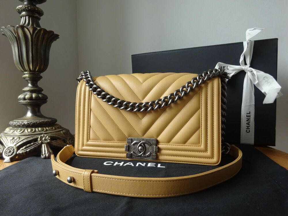 Chanel Old Medium Le Boy in Chevron Quilted Dark Beige Calfskin with Ruthenium Hardware SOLD