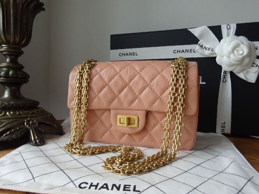 Chanel 2.55 Mini Reissue in Salmon Distressed Calfskin with Aged Gold Hardware As New