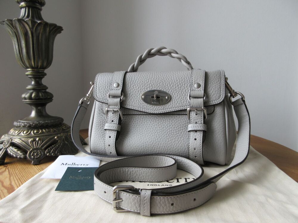 Mulberry Sustainable Icon Mini Alexa in Pale Grey Heavy Grain with Brushed Silver Hardware