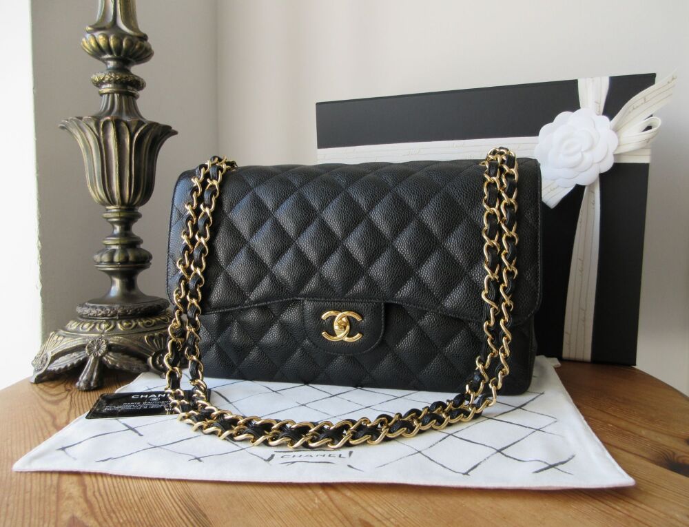 Chanel Timeless Classic 2.55 Jumbo Double Flap Bag in Black Caviar with Gol