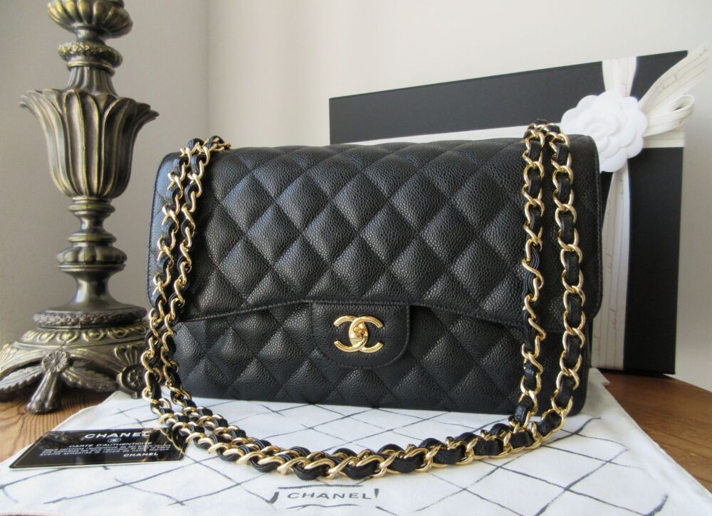 Chanel Timeless Classic 2.55 Jumbo Double Flap Bag in Black Caviar with Gold Hardware