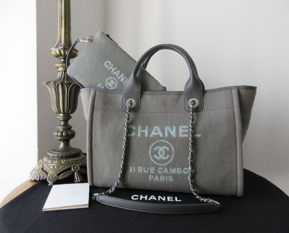 Chanel Deauville Small Medium Shoulder Tote in Grey Canvas with Silver Hardware SOLD