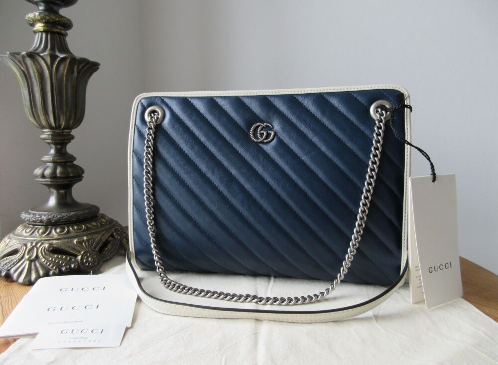 Gucci GG Torchon Marmont Chain Shoulder Bag in Blue Agata &amp; Mystic White Ma