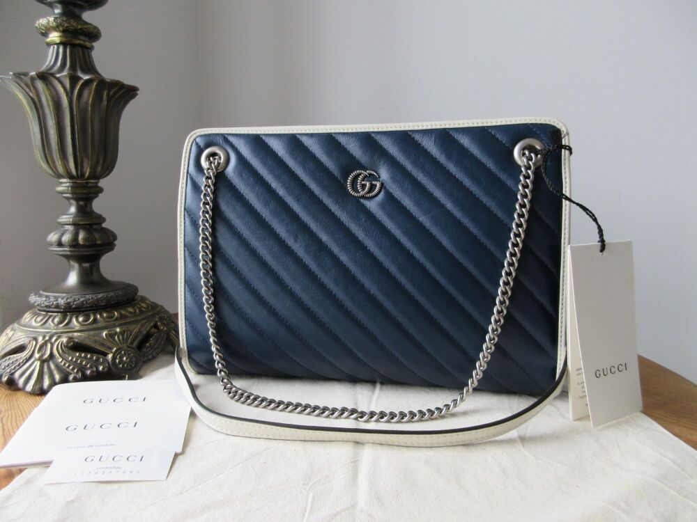 Gucci GG Torchon Marmont Chain Shoulder Bag in Blue Agata & Mystic White Ma