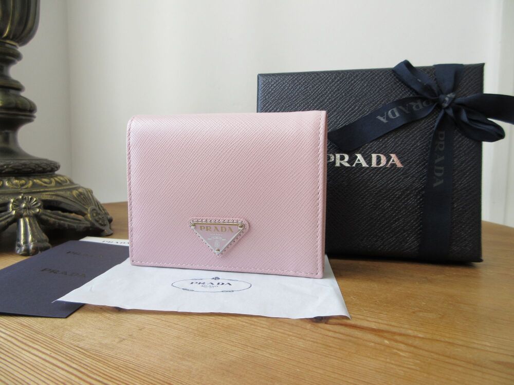 Prada Small Folded Wallet in Powder Pink Saffiano with Silver Hardware SOLD