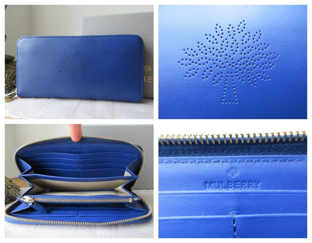 Mulberry Blossom Zip Around Continental Purse Wallet in Neon Blue Calf Nappa