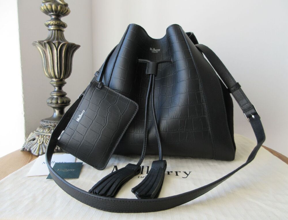 Mulberry Small Millie Bucket Bag in Black Matte Croc Print and Suede - SOLD