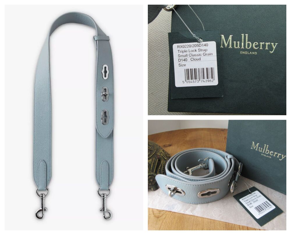 Mulberry Bryn Triple Postmans Lock Shoulder Strap in Cloud Blue with Silver Hardware - New*