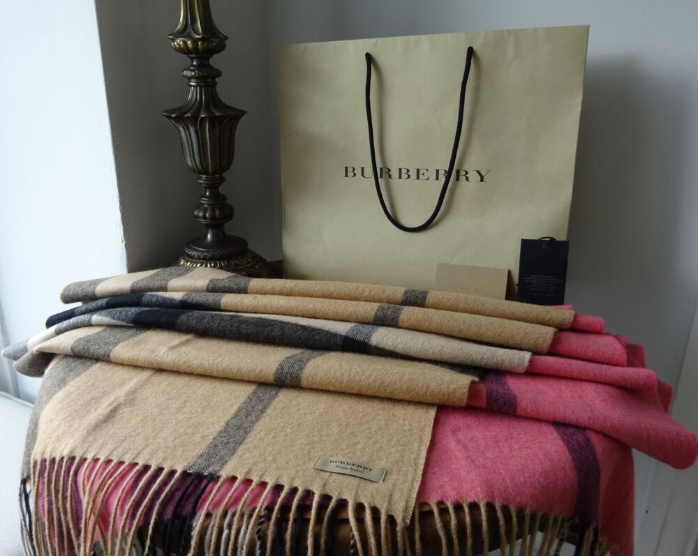 Burberry Giant Check 100% Cashmere XL Scarf Wrap in Candy Pink & Archive Be