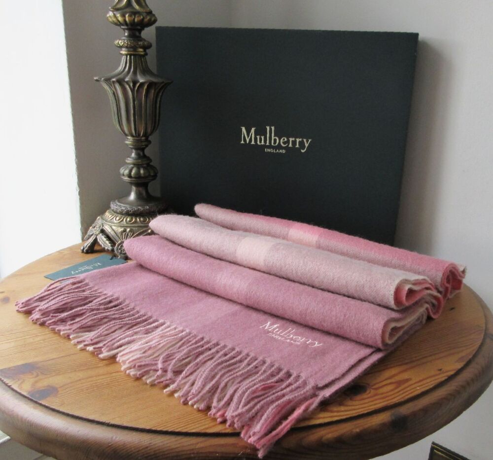 Mulberry Large Check Winter Fringed Scarf in Mocha Rose Lambswool New