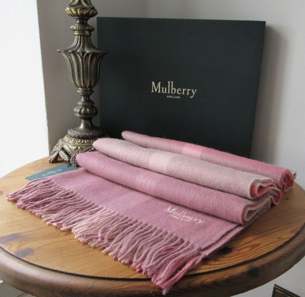 Mulberry Large Check Winter Fringed Scarf in Mocha Rose Lambswool - New*