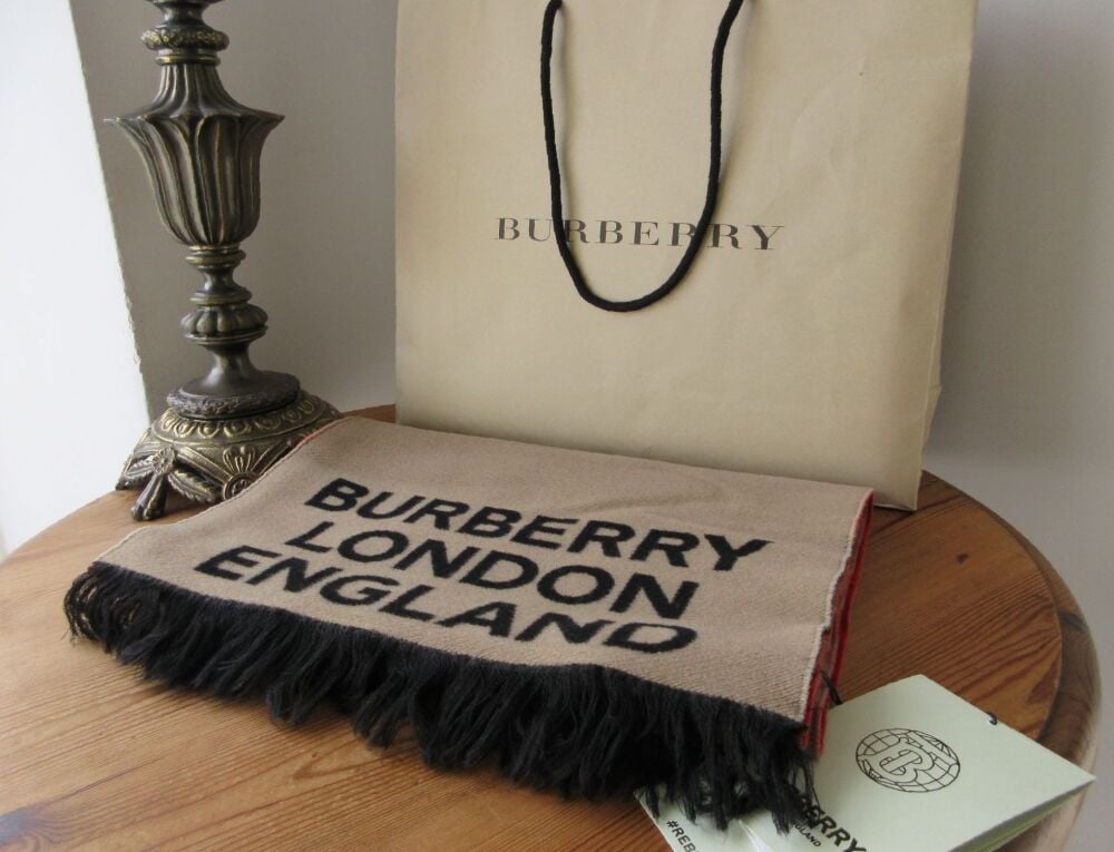 Burberry Love Logo Rectangular Scarf in Archive Beige Wool Silk Mix - SOLD