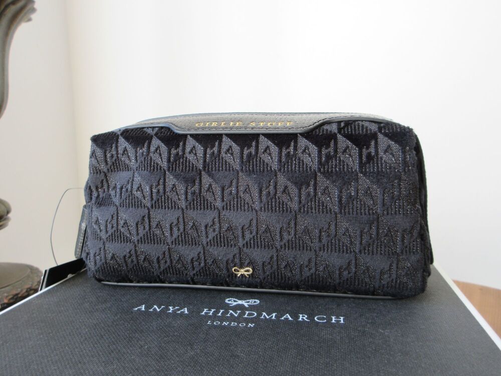 Anya Hindmarch Girlie Stuff Zip Pouch in Black Jacquard Velvet &amp; Capra Goat