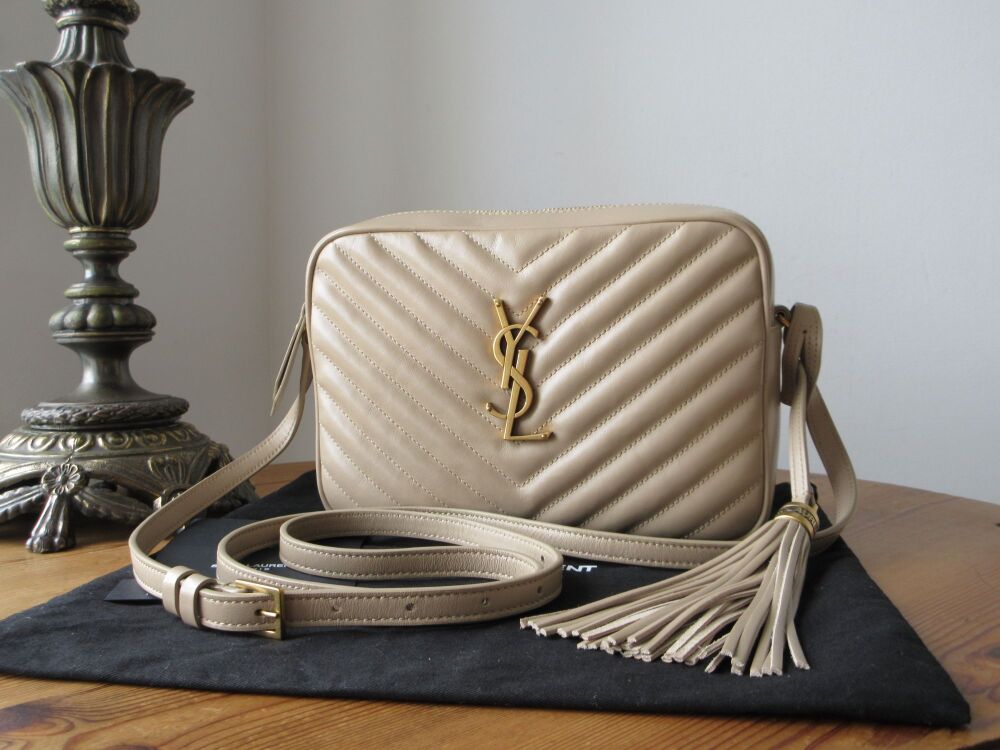 Saint Laurent YSL Monogram Lou Tassle Camera Bag in Dark Beige Matelassé Ca