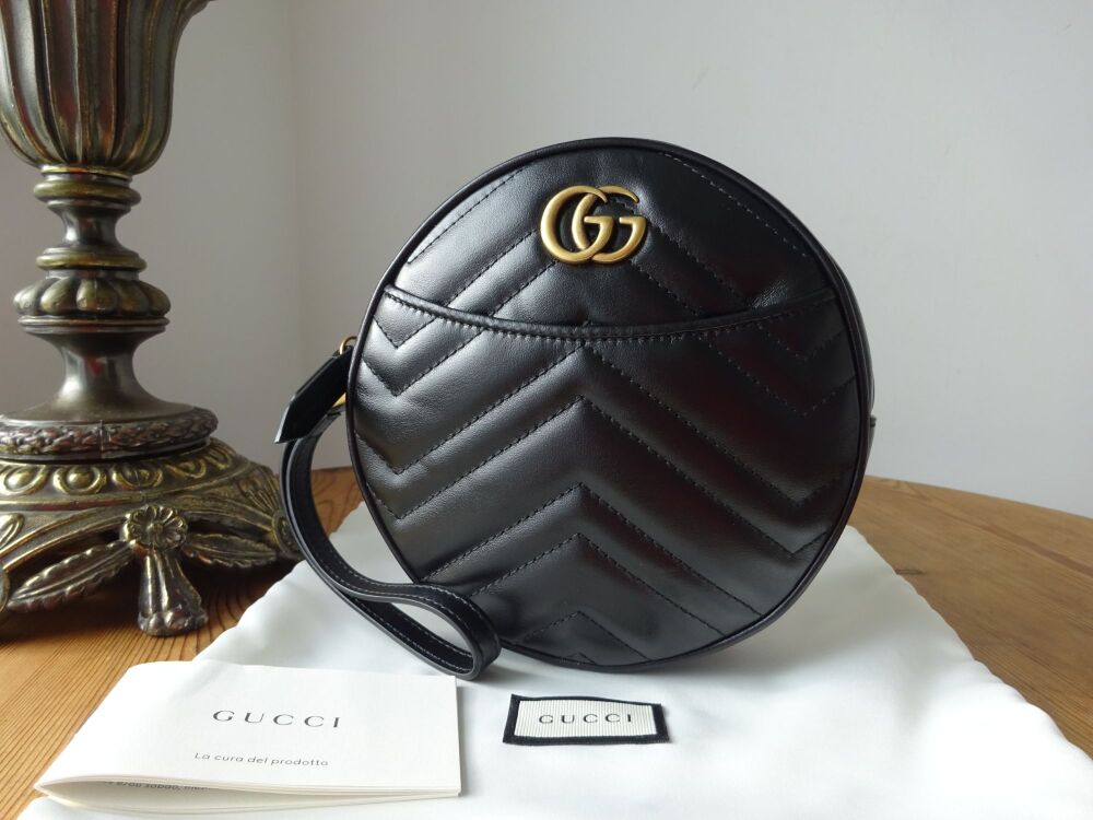 Gucci Marmont Round Mini Bag Wristlet in Black Matelass&eacute; Calfskin New