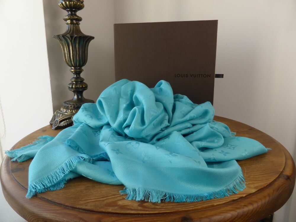 Louis Vuitton Monogram Classic Shawl Scarf in Bright Turquoise Cyan Silk Wo