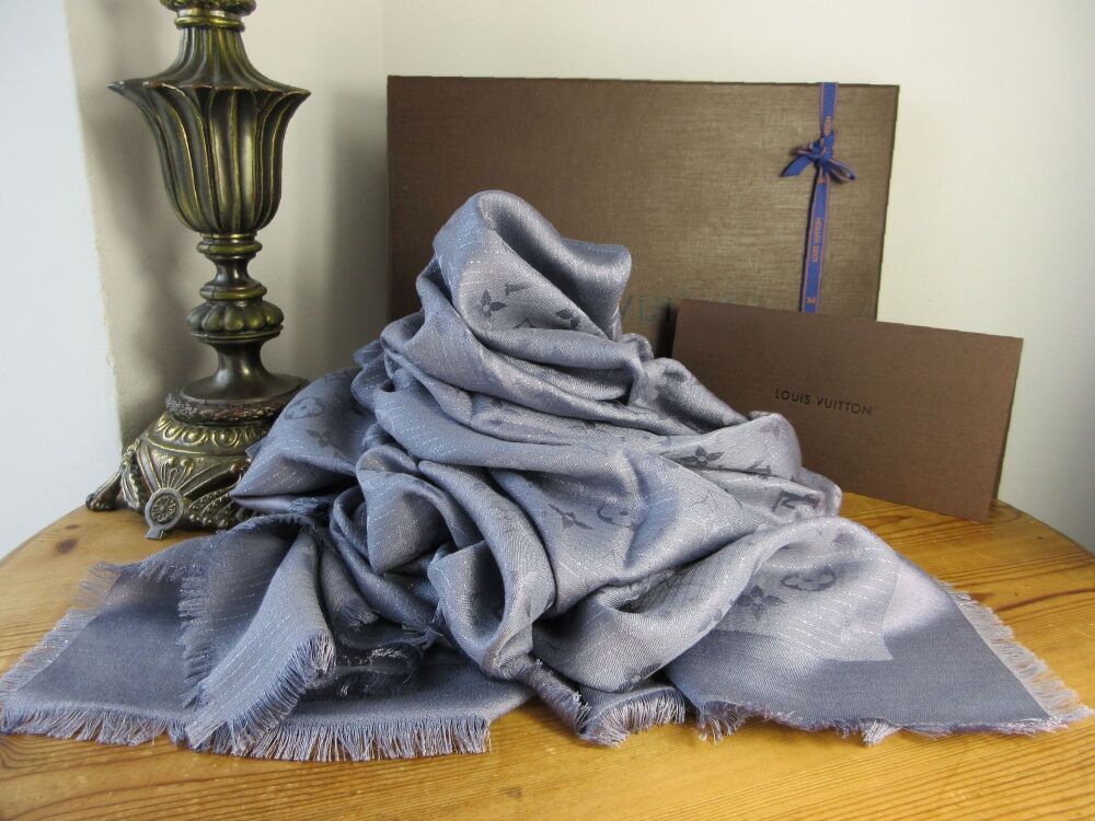 Louis Vuitton Monogram Glimmer Square Shawl Scarf in Gris Bleu As New