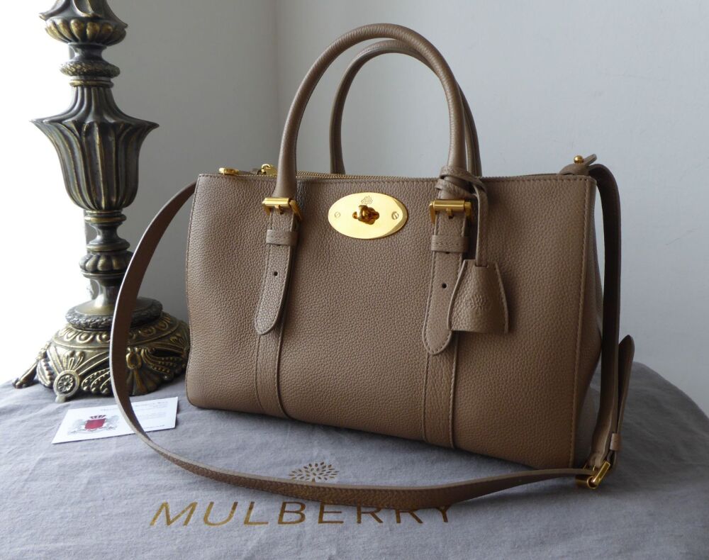 Mulberry Small Double Zipped Bayswater Tote in Taupe Small Classic Grain