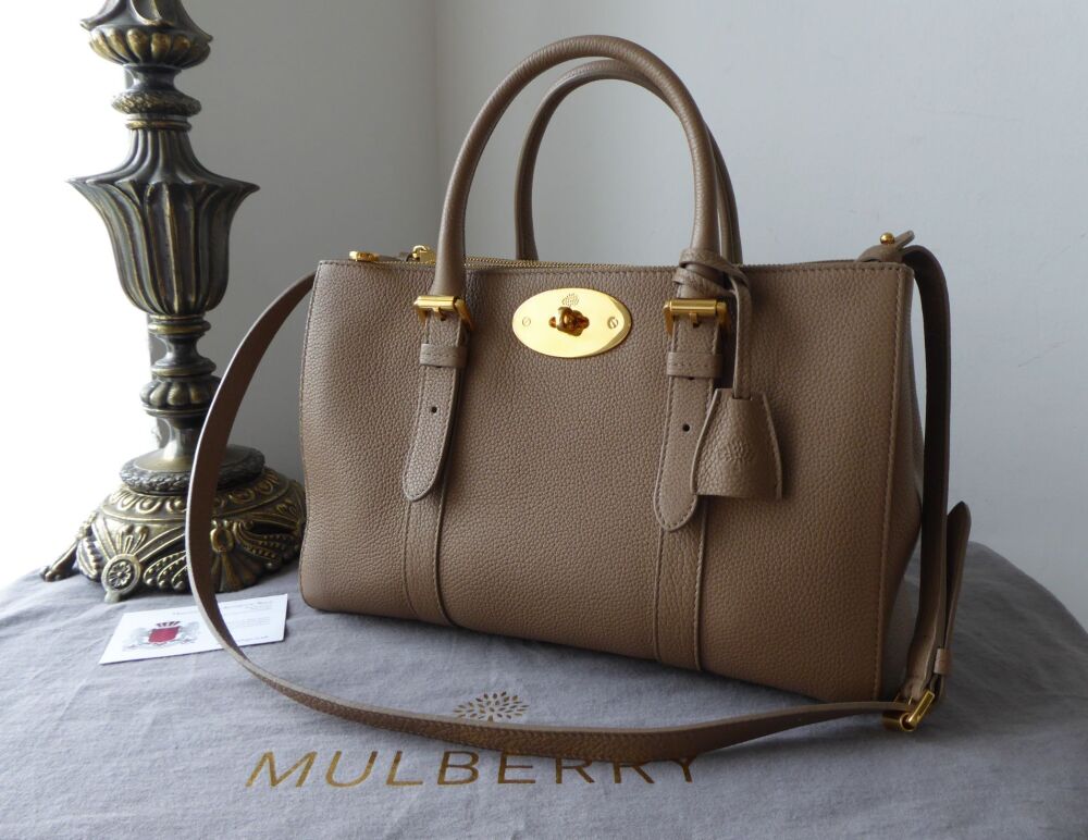 Mulberry Small Bayswater Double Zip Tote in Taupe Small Classic Grain Leath