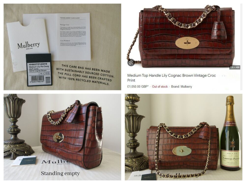 Mulberry Medium Top Handle Lily in Cognac Brown Vintage Croc Print