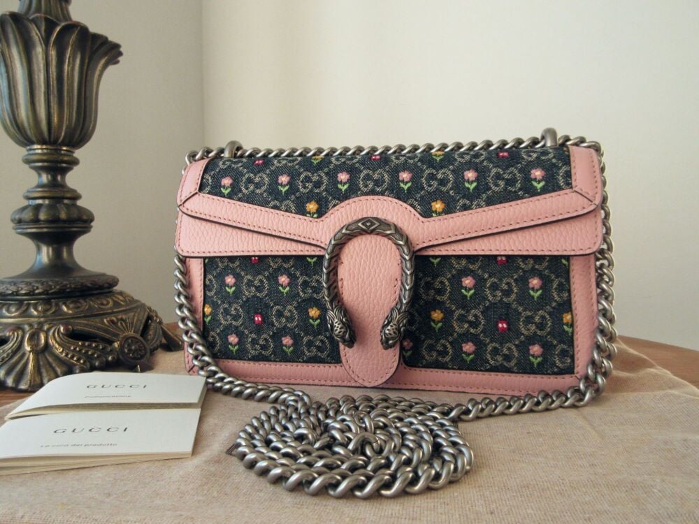 Gucci Ltd Ed Small Dionysus in Floral Embroidered Denim GG Monogram Blue Tea & Powder Pink - New*