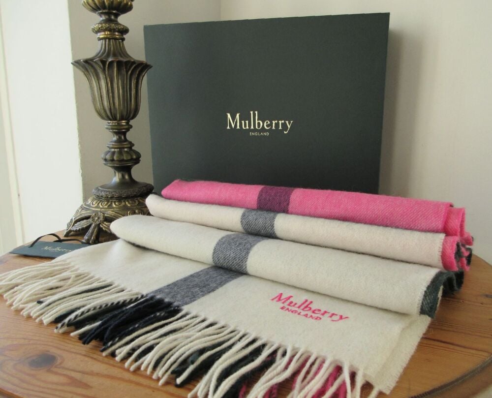 Mulberry Large Check Winter Fringed Scarf in Cream, Charcoal and Pink Lambs