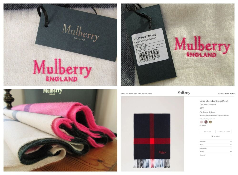 Mulberry Large Check Winter Fringed Scarf in Cream, Charcoal and Pink Lambswool - New