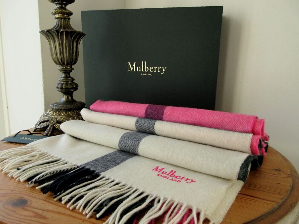 Mulberry Large Check Winter Fringed Scarf in Cream, Charcoal and Pink Lambswool - New