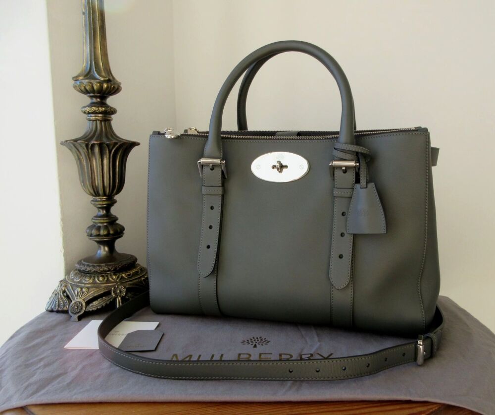 Mulberry Large Double Zip Bayswater Tote in Pavement Grey Silky Classic Cal