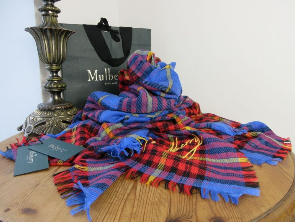 Mulberry Signature Large Square Scarf Wrap in Bright Check Porcelain Blue L