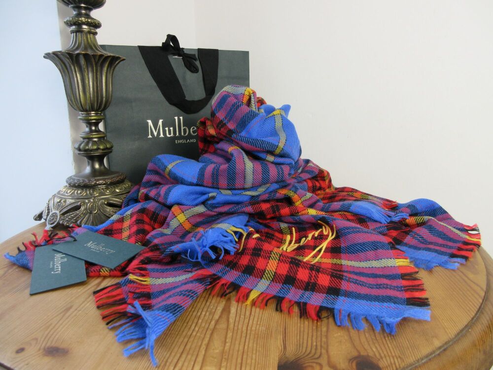 Mulberry Signature Large Square Scarf Wrap in Bright Check Porcelain Blue Light Wool - New*