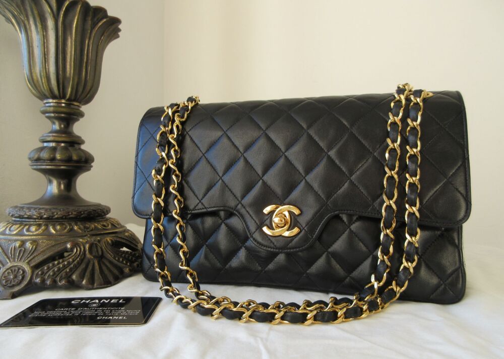 Chanel Vintage Curved Medium Double Flap Bag in Black Lambskin 24K Gold