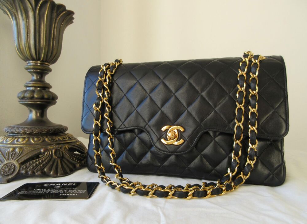 Chanel Vintage Curved Medium Double Flap Bag in Black Lambskin with 24K Gold Hardware