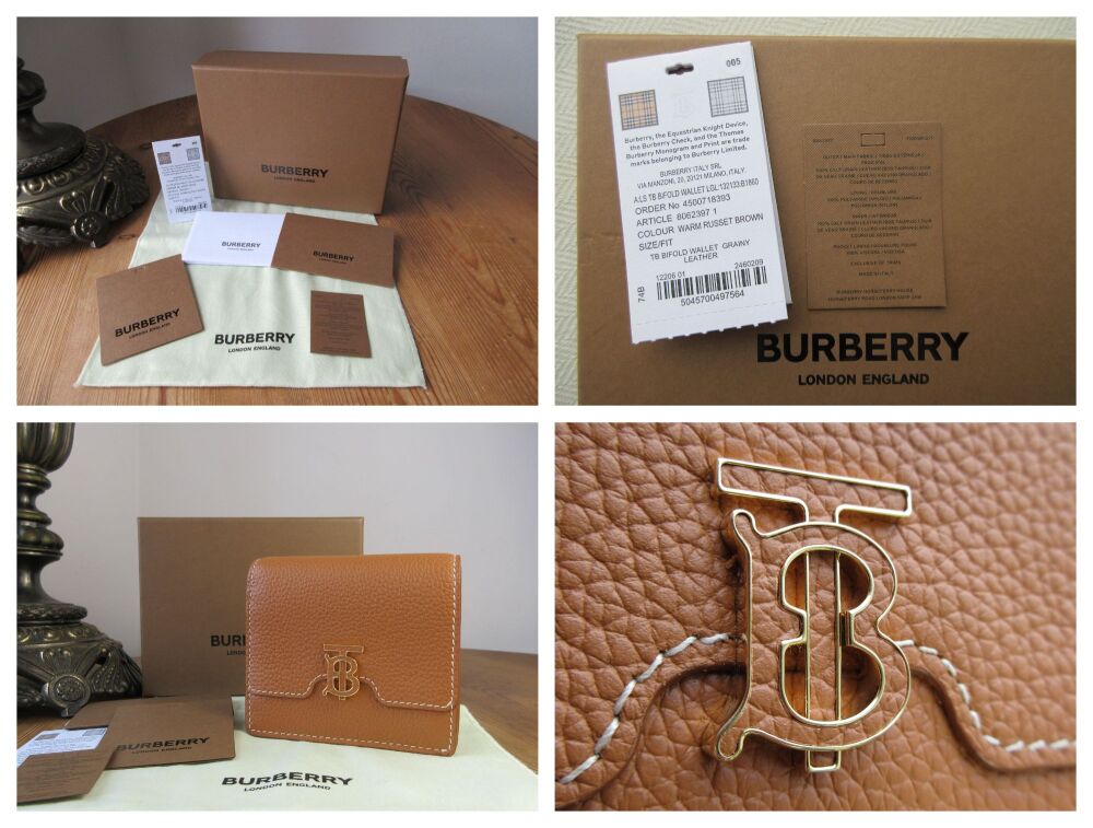 Burberry TB Plaque Folded Compact Wallet in Warm Russet Brown Grainy Calfskin  - New*