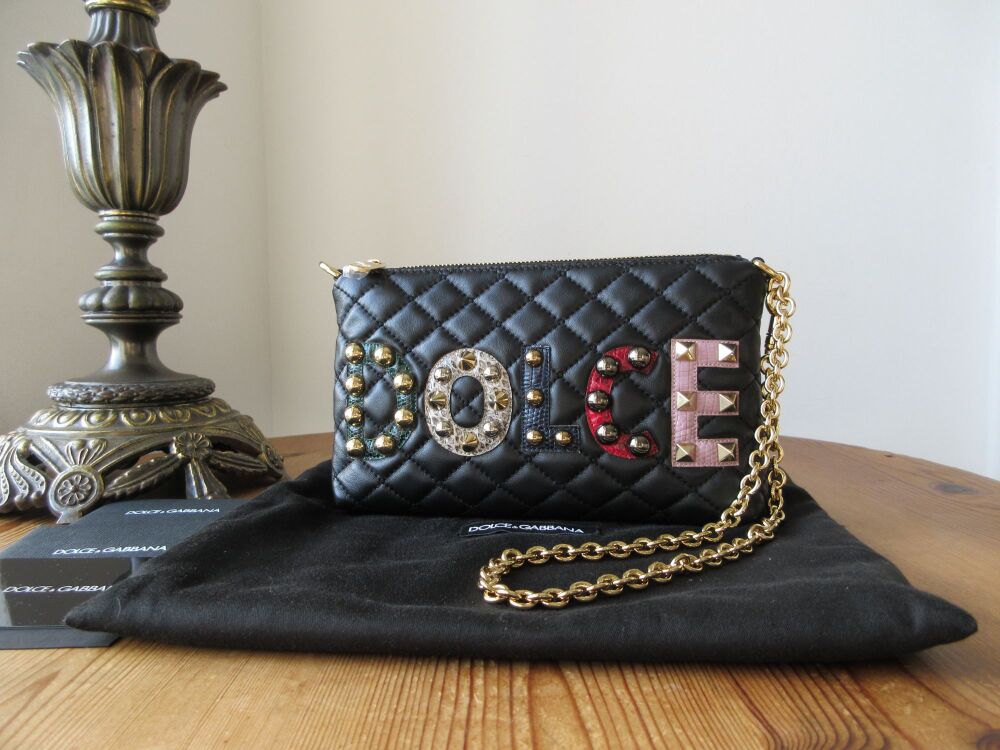 Dolce & Gabanna Signature Quilted Pochette in Nero Nappa Matelasse Patch Ricamo - New