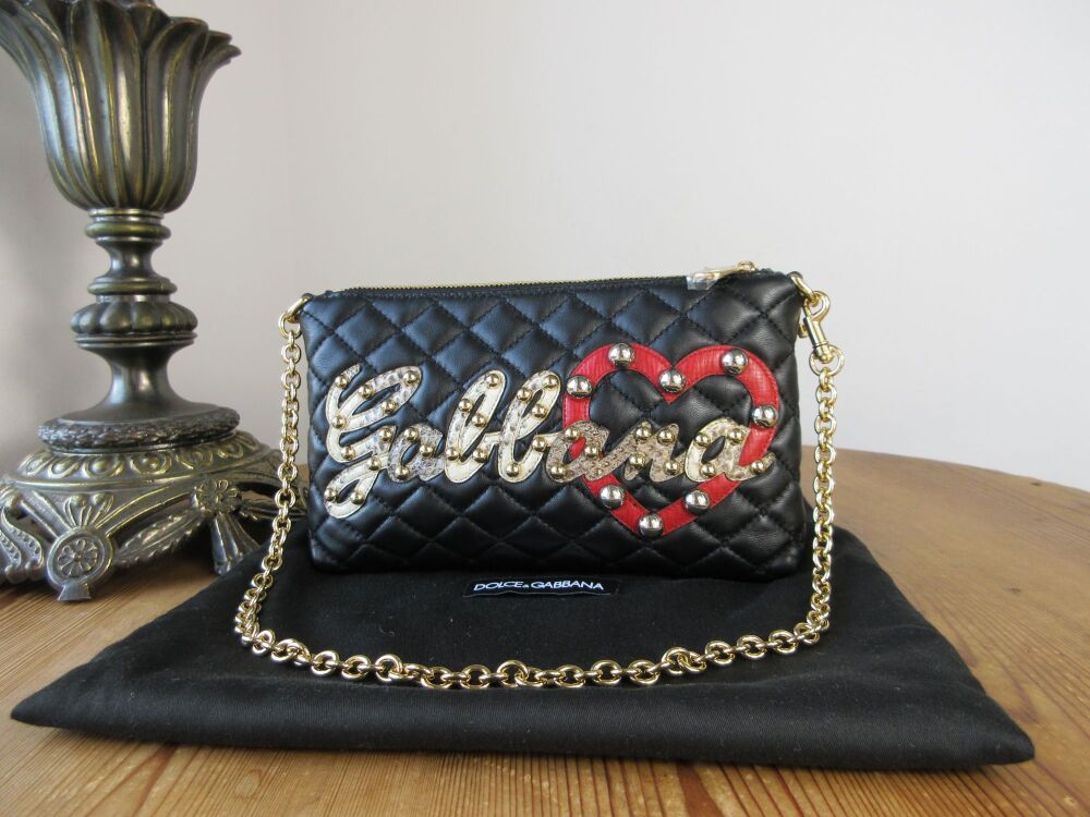 Dolce & Gabanna Signature Quilted Pochette in Nero Nappa Matelasse Patch Ricamo - New