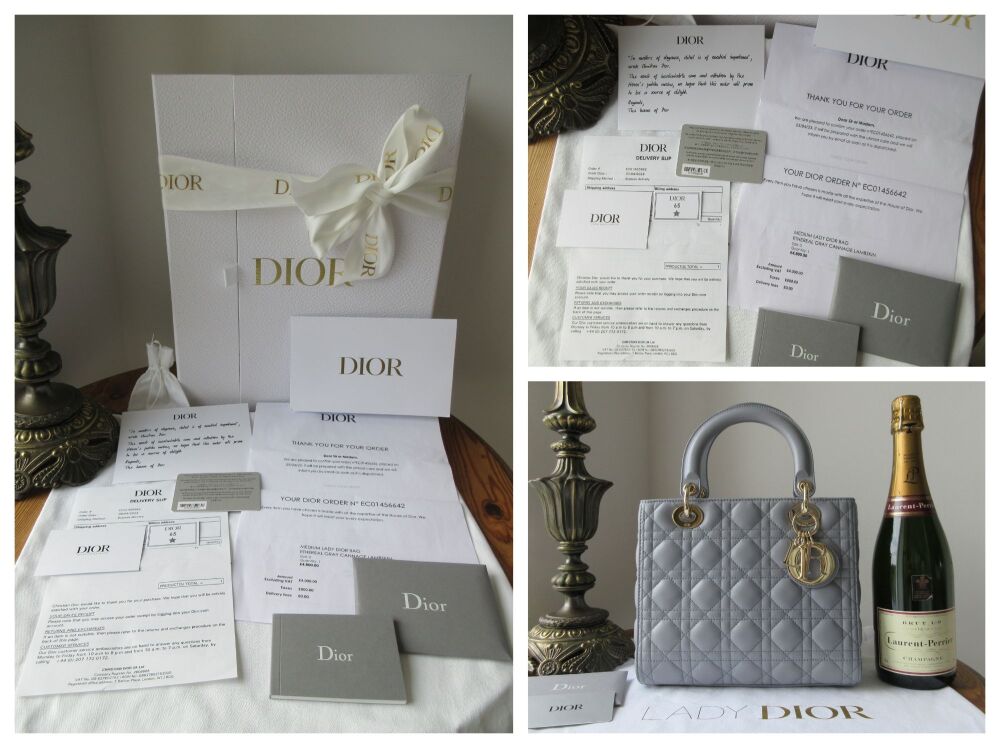 Dior Medium Lady Dior in Ethereal Gray Grey Lambskin Cannage - As New*