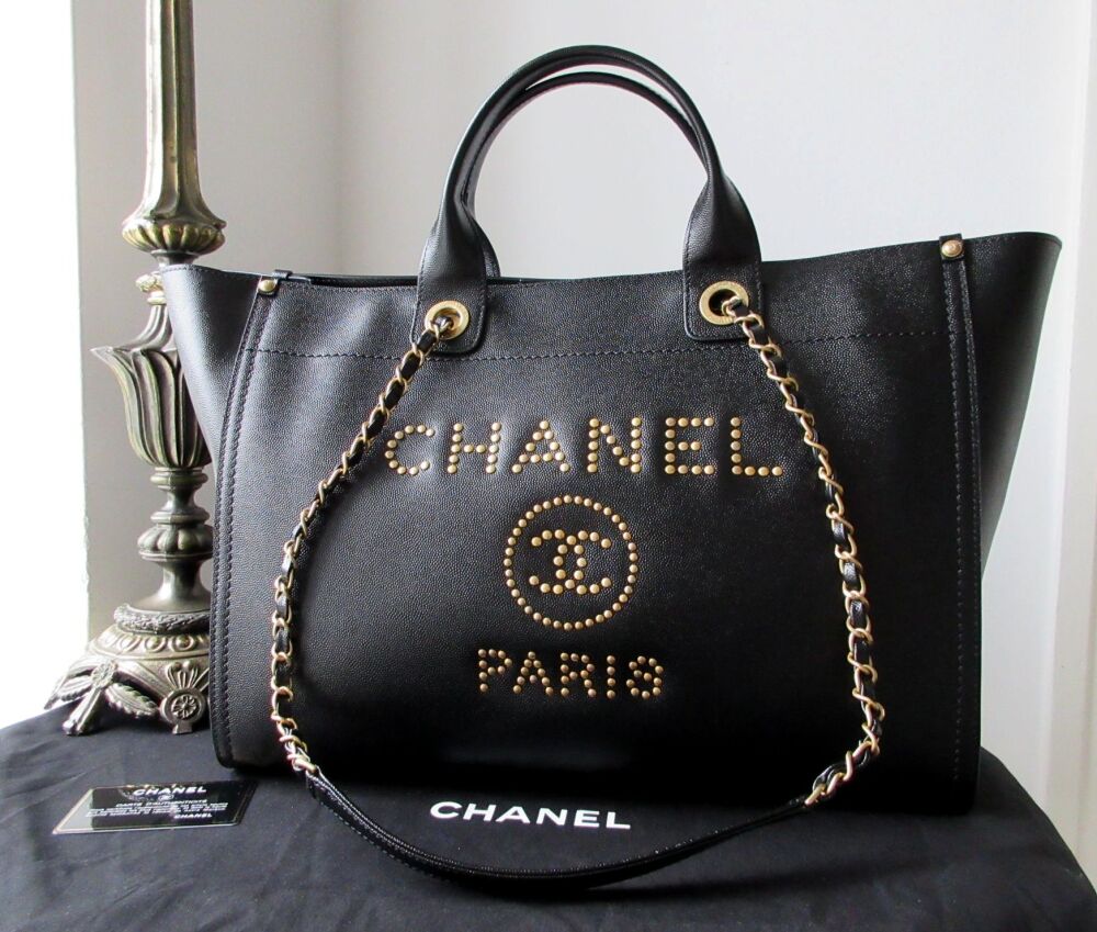 Chanel Large Studded Deauville Tote in Black Caviar