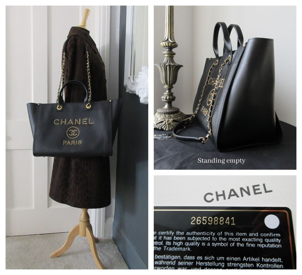 Chanel Large Studded Deauville Tote in Black Caviar Leather with Antiqued Gold Hardware