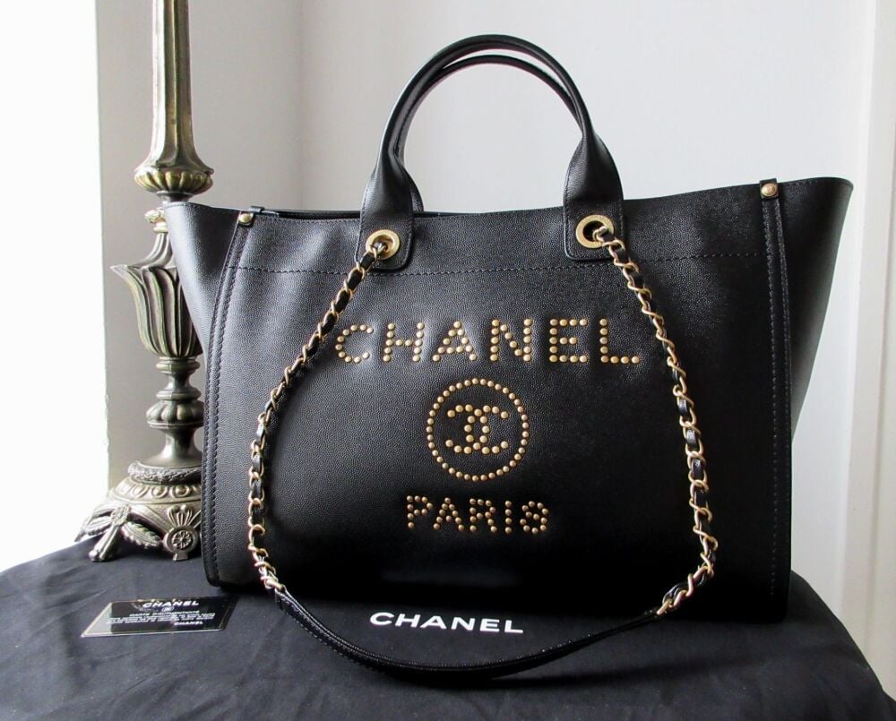 Chanel Large Studded Deauville Tote in Black Caviar Leather with Antiqued Gold Hardware