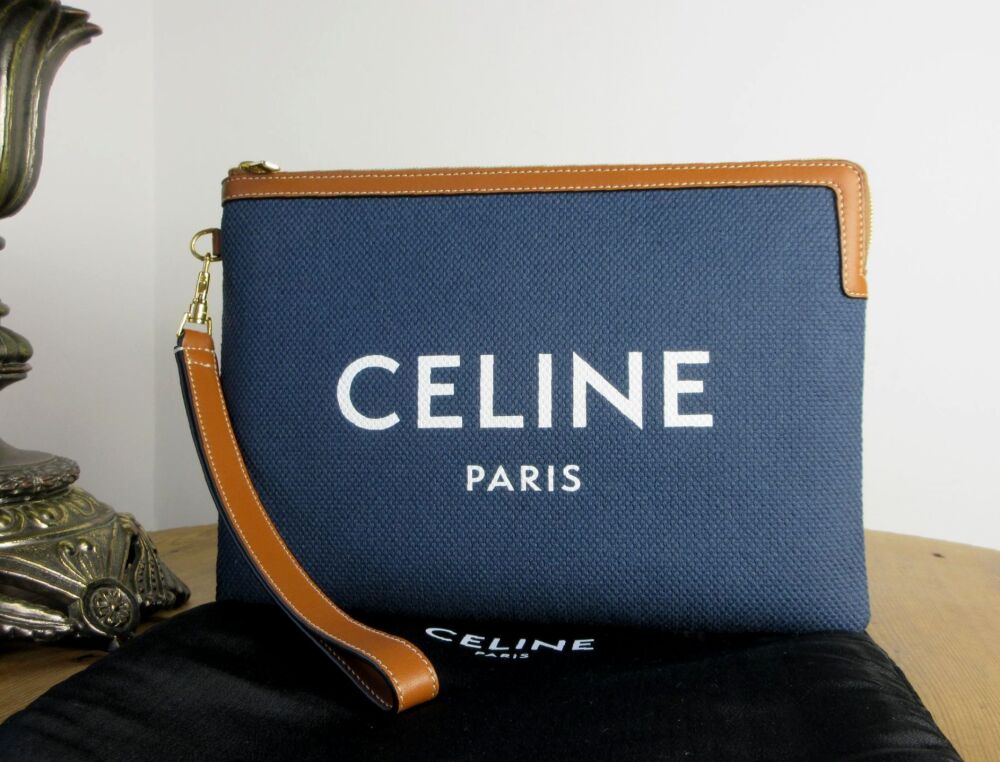 Celine Signature Denim Zipped Pouch with Wristlet Strap New