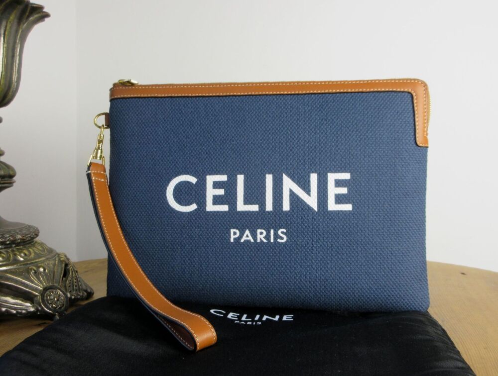 Celine Signature Denim Zipped Pouch with Wristlet Strap - New