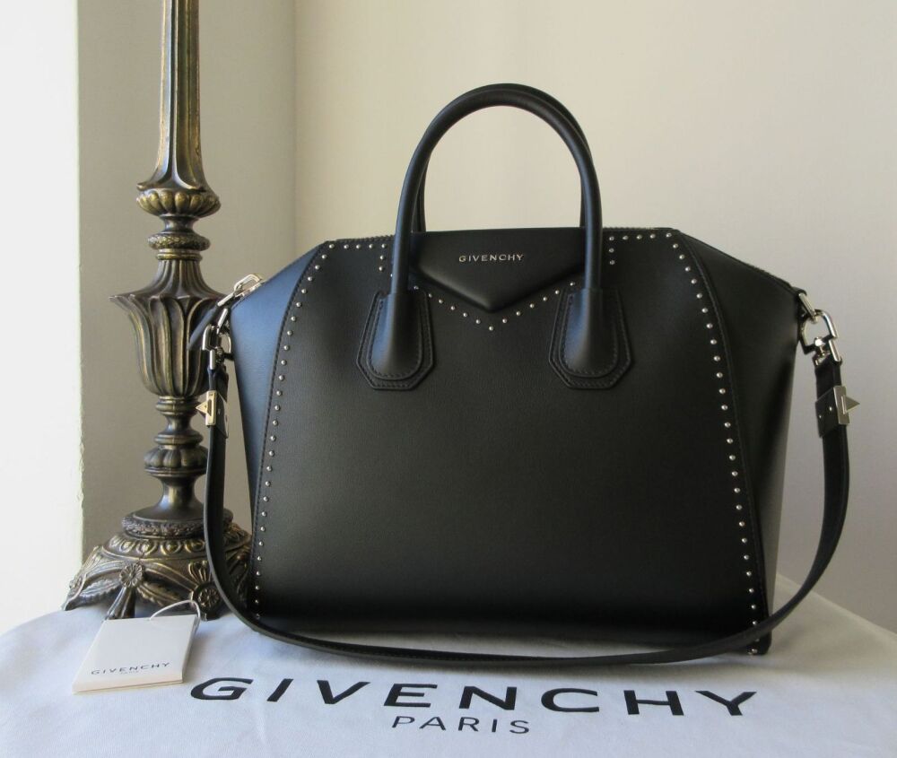 Givenchy Studded Antigona in Smooth Black Calfskin with Silver Hardware.