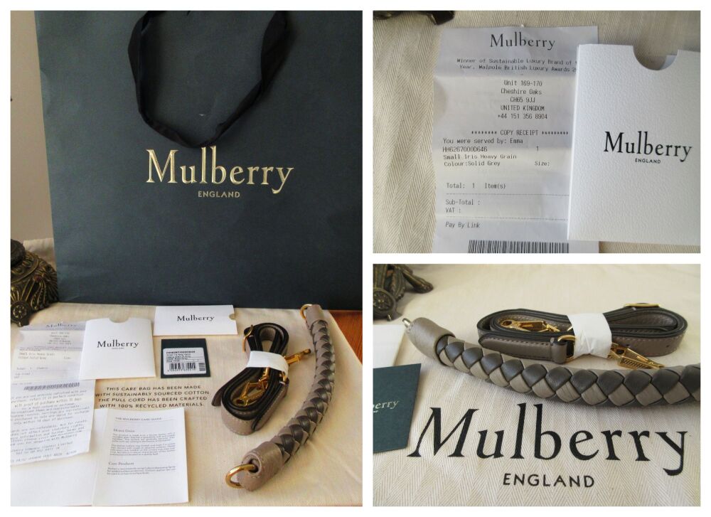 Mulberry Small Iris in Solid Grey Heavy Grain with Dark Clay Silky Calf Braided Handle - New