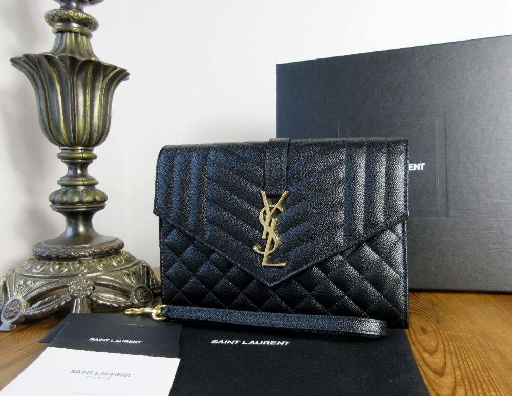 Saint Laurent YSL Envelope Flap Pouch Wristlet Pouch in Black Mix Matelass&eacute;