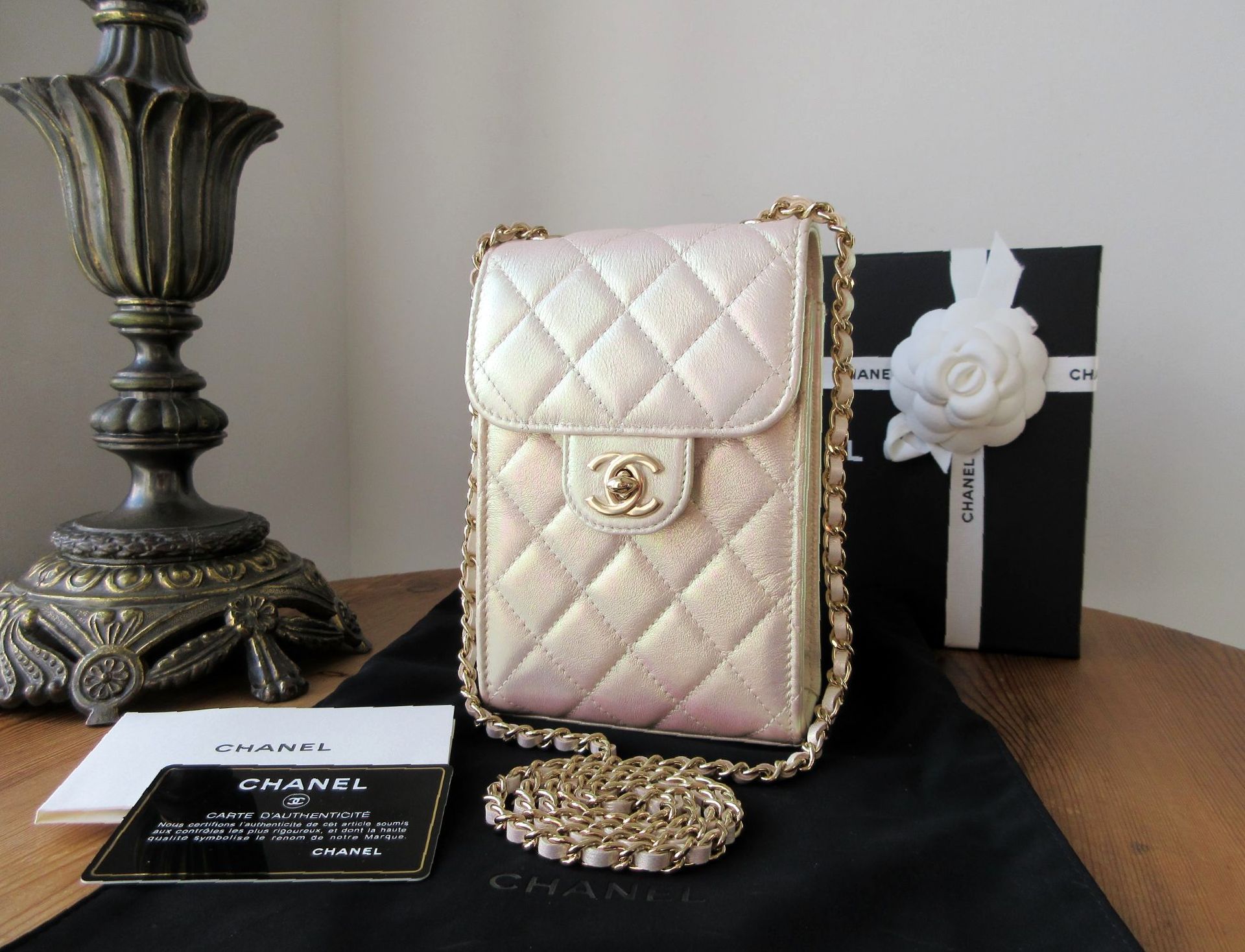 Chanel Timeless Phone Holder Crossbody With Chain in Iridescent Metallic Pe