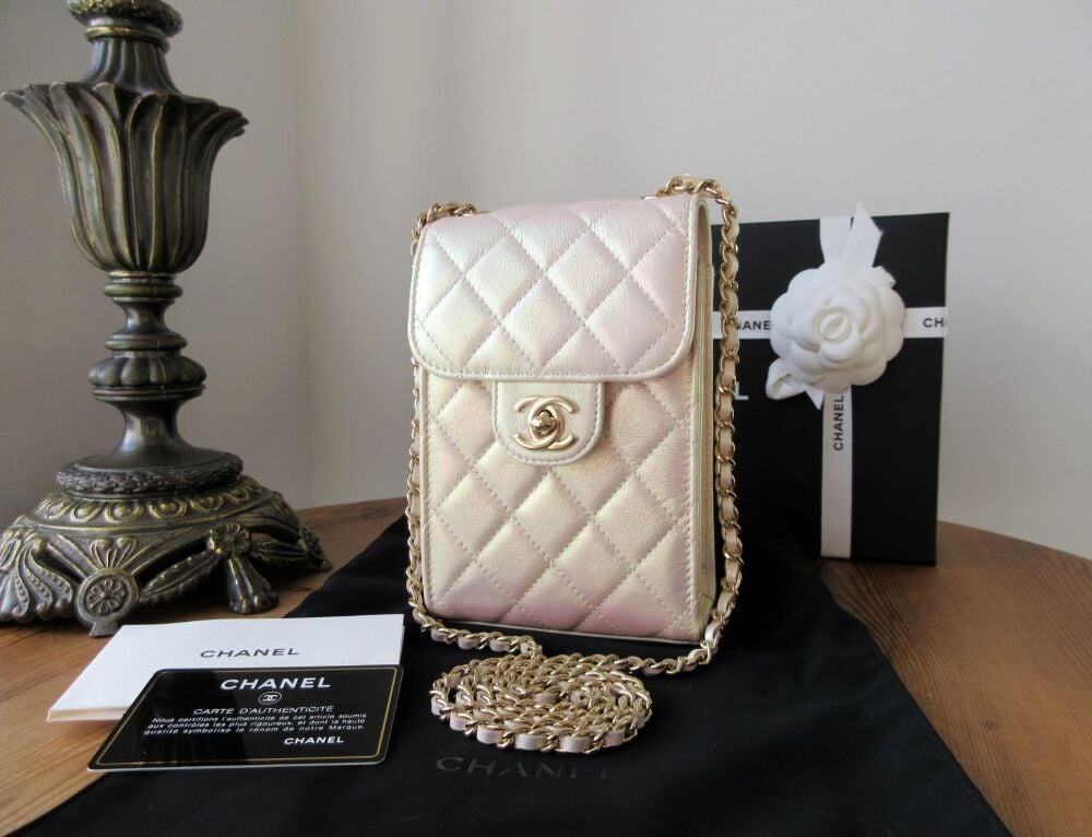 Chanel Timeless Phone Holder Crossbody With Chain in Iridescent Metallic Pearl White Quilted Lambskin