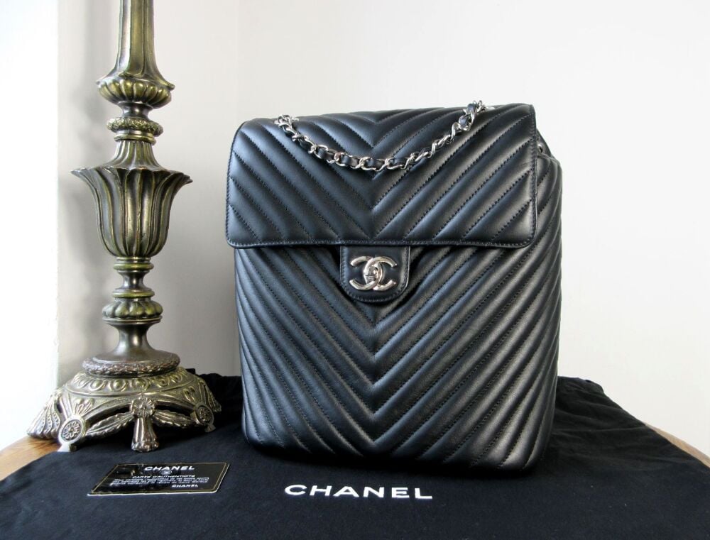 Chanel Urban Spirit Chevron Quilted Backpack in Black Lambskin with Shiny Silver Hardware