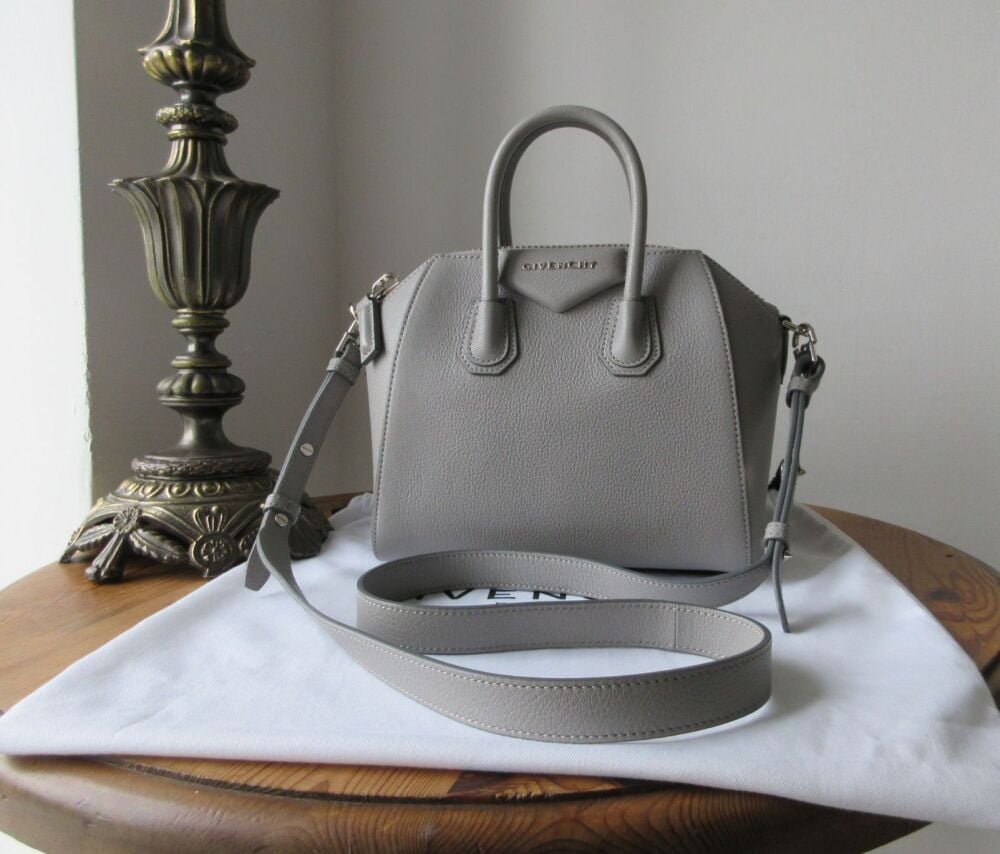 Givenchy Mini Antigona in Pearl Grey Grained Goatskin with Silver Hardware.