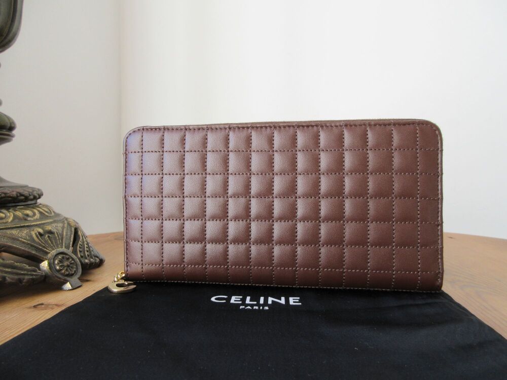 Celine C Charm Large Zip Around Wallet in Chocolate Brown Matelass&eacute; Stitche